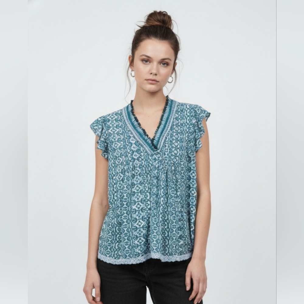 Goa by Japna Blouse Blue Boho Fringe Festival Casual M